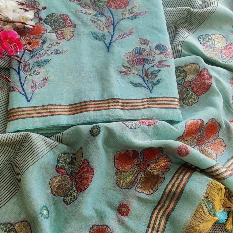 Linen Jamdani Weaves Shirt with Floral Linen Dupatta & Santoon Bottom