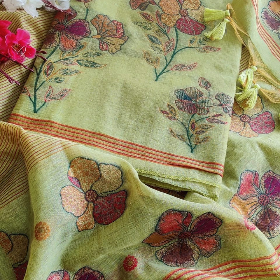 Linen Jamdani Weaves Shirt with Floral Linen Dupatta & Santoon Bottom