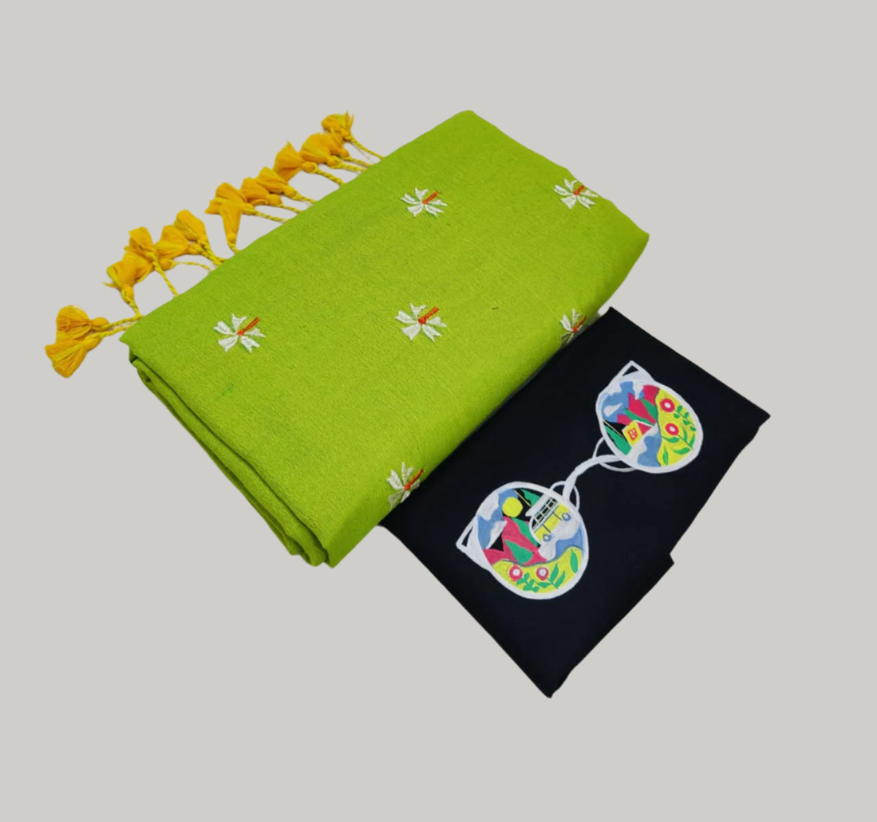 Soft Cotton Shiuli Flower Embroidery Saree Combo