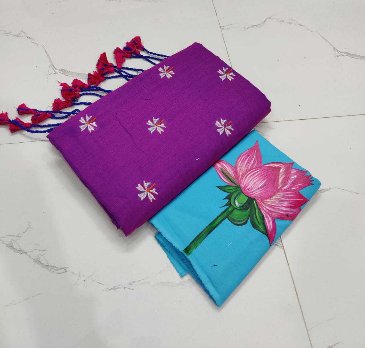 Soft Cotton Shiuli Flower Embroidery Saree Combo