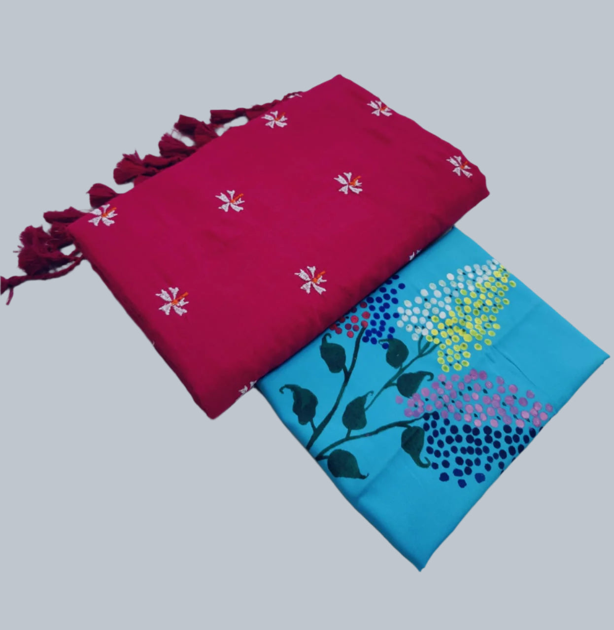 Soft Cotton Shiuli Flower Embroidery Saree Combo
