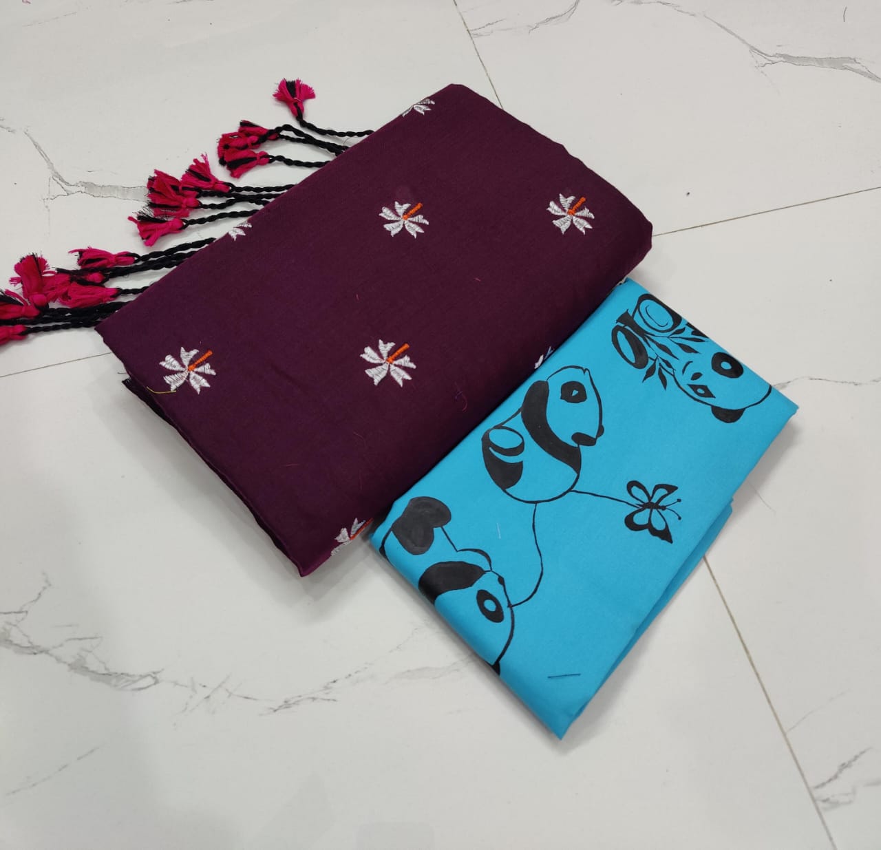 Soft Cotton Shiuli Flower Embroidery Saree Combo