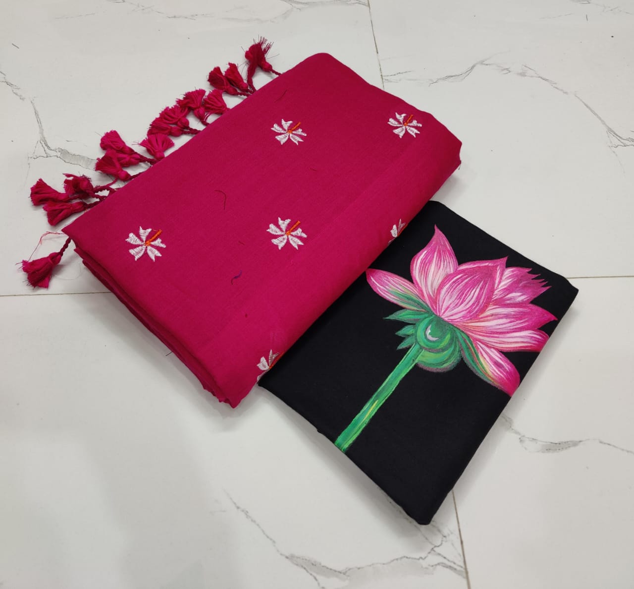 Soft Cotton Shiuli Flower Embroidery Saree Combo