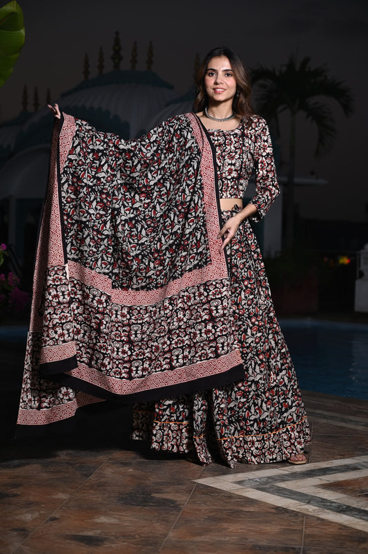 Red/Black Gopi: Special Bagru Hand Block Printed Chaniya Choli Set